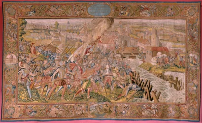 Flamandzki gobelin. Seria Triumfy i bitwy arcyksięcia Alberta. Niespodzianka w Calais (La sorpresa de Calais). Pierwszy gobelin z serii. Model Otto van Veen i Hans I Snellinck. Produkcja Martin Reynbouts, Bruselas. 1597-1599. Tkanina Złoto, srebro, si
