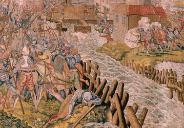 Flamandzki gobelin. Seria Triumfy i bitwy arcyksięcia Alberta. Niespodzianka w Calais (La sorpresa de Calais). Pierwszy gobelin z serii. Model Otto van Veen i Hans I Snellinck. Produkcja Martin Reynbouts, Bruselas. 1597-1599. Tkanina Złoto, srebro, si