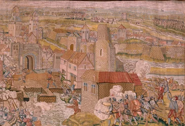 Flamandzki gobelin. Seria Triumfy i bitwy arcyksięcia Alberta. Niespodzianka w Calais (La sorpresa de Calais). Pierwszy gobelin z serii. Model Otto van Veen i Hans I Snellinck. Produkcja Martin Reynbouts, Bruselas. 1597-1599. Tkanina Złoto, srebro, si