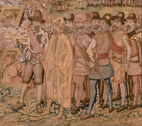 Flamandzki gobelin. Seria Triumfy i bitwy arcyksięcia Alberta. Zdobycie miasta Hulst (Toma de la Plaza de Hulst). Siódmy gobelin w serii. Model Otto van Veen i Hans I Snellinck. Manufaktura Martin Reynbouts, Bruksela