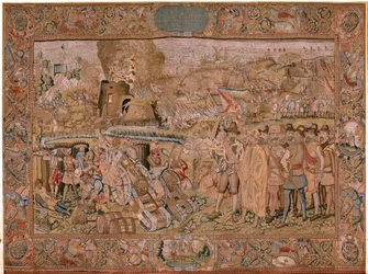 Flamandzki gobelin. Seria Triumfy i bitwy arcyksięcia Alberta. Zdobycie miasta Hulst (Toma de la Plaza de Hulst). Siódmy gobelin w serii. Model Otto van Veen i Hans I Snellinck. Manufaktura Martin Reynbouts, Bruksela