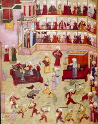 Uroczystości zorganizowane z okazji obrzezania syna osmańskiego sułtana Murada II (Murata) (1404-1451), kuglarze, akrobaci i złotnicy przybyli, aby zaprezentować próbki Miniatura XVI-wiecznego Stambułu, Biblioteka Muzeum Topkapi Sarayi