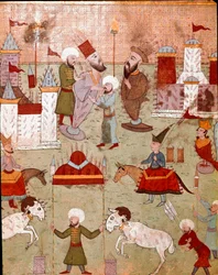 Uroczystości zorganizowane z okazji obrzezania syna osmańskiego sułtana Murada II (Murata) (1404-1451), przygotowanie fajerwerków Miniatura XVI-wiecznego Stambułu, Biblioteka Muzeum Topkapi Sarayi