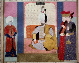 Imperium Osmańskie: „”Sułtan Murad III (1546-1595) otacza dworzan”””Miniatura z „Zubdat al Tawarikh”” (Ms. 1973, fol. 59b) Seyyda Lokmana Ashuriego 1583 Stambuł, Muzeum Sztuki Turecko-Islamskiej
