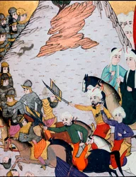 Imperium Osmańskie: starcia armii sułtana Bajazeta I (Bajazet) (1360-około 1402) przeciwko sojuszowi francusko-węgierskiemu podczas bitwy pod Nikopolis 25.09.1396. Miniatura z XV wieku. Biblioteka Muzeum Topkapi Sarayi w Stambule