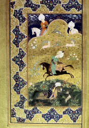 Imperium Osmańskie: przedstawienie sułtana Selima I, zwanego Groźnym (1470-1520), na koniu podczas polowania, walczącego z gepardem. Miniatura z „Diwanu” (zbioru wierszy) napisanego przez sułtana Selima I. (Ms. FY1330, fol. 58a), XVI wiek