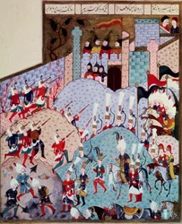Imperium Osmańskie: reprezentacja sułtana Solimana (Sulejmana) Wspaniała mówiłem (1520-1566) i jego armia atakowała ufortyfikowane miasto”. Miniatura zaczerpnięta z 