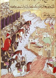 Druga krucjata (1147-1149): krucjaty przed miastem Aleppo w Syrii. Miniatura z XVI wieku. Topkapi Sarayi Stambuł