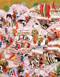 Rękopis TSM H.1524 „Hunername”: Sulejman Wspaniały (1494-1566) w bitwie pod Mohaczem w 1526 r., Z „Księgi doskonałości” Lokmana