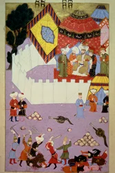 Zabójstwo sułtana Murada I (1326-1389) przez serbskiego rycerza Miloša Obilicia (Kobilić lub Kobilović) (zmarł 1389) w bitwie na Kosowym Polu po zwycięstwie Osmanów nad Serbami. Miniatura z „Hünername” Lokmana, t. 1 (H 1523, f.7), 1584.