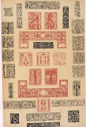 Okazy zdobień typograficznych z XVI w. Włoch i Francji, wydane przez Aldine, Giunta i Stephan, rozdział XIX, płyta XC, z „Gramatyki ornamentu” 1868 (kolor litho)