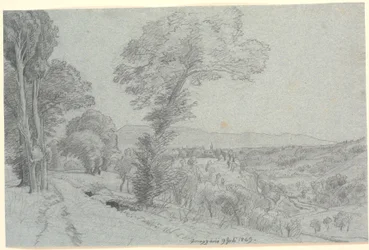 Włoski krajobraz górski z widokiem na "Genazzano 9 Juli 1869.".