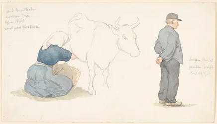 Czasopismo Study z dziewczyną dojącą krowę, c.h. stojący rolnik.