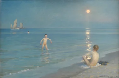 Chłopcy kąpiący się w Skagen. Letni wieczór