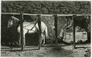 Wnętrze galerii z berlaine. Grawer autorstwa Ferata, aby zilustrować historię „Belgia” autorstwa Camille Lemonnier (1844-1913) belgijskiego pisarza. Opublikowano w Le Tour du monde, nouveau journal des voyages, 2. semestr 1884, pod redakcją Edouarda Charto