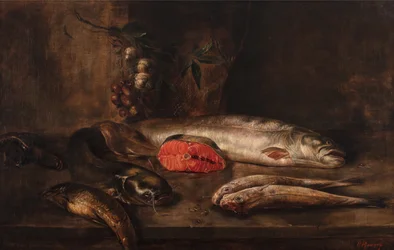 Martwa natura z rybą z karpiem, sumem, łososiem, mulą, węgorzami i solą na blacie z wiszącym czosnkiem i szalotką, martwa ryba, ok. 1775-1800 (olej na płótnie)