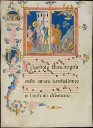 Karta rękopisu z męczeńską śmiercią św. Bartłomieja, z Laudario, ca. 1340.