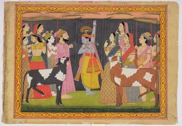 Kryszna podnoszący górę Govardhana z Bhagavata Purany, Kulu, Himachal Pradesh, 1749