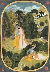 Radha i Kryszna spacerujący w gaju, Kangra, Himachal Pradesh, 1820-25