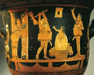 Krater apulijski ze sceną teatralną i karykaturą narodzin Heleny w jajku, przypisywany malarzowi z Dijon, ceramika czerwonofigurowa, detal, z Bari, Apulia, Włochy, starożytna cywilizacja grecka, Magna Graecia, IV w. p.n.e.