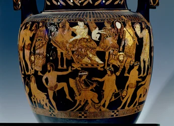 Czerwonofigurowy krater wolutowy na poddaszu, fragment sceny przedstawiający aktorów i muzyków przygotowujących się do występu przed Bachusem i Ariadną, Grek, z Ruvo, V w. p.n.e. (ceramika) (zob. też 119444-5