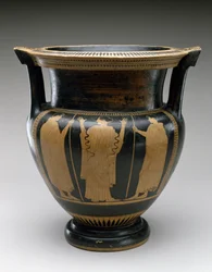 Red Figure Column Krater ze sceną kobiety i dwóch młodzieńców, 480-460 pne (terakota)