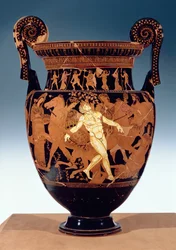 Czerwonofigurowy krater na poddaszu, wolutowy, przedstawiający śmierć olbrzyma z brązu, Talosa (garncarstwo) (szczegóły zob. 85071)