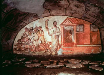 Sztuka wczesnochrześcijańska (okres starożytnego Rzymu): Samson, uzbrojony w szczękę osła, masakruje 1000 Filistynów. Fresk z katakumb przy Via Latina w Rzymie. IV wiek. Sztuka wczesnochrześcijańska. Samson rażący Filistynów szczęką oślicy. Fresk