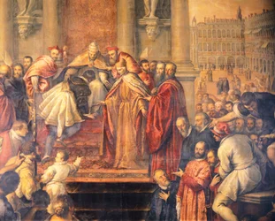 Papież wysyła młodego Ottona do Barbarossy, aby negocjował pokój (fresk)