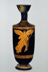 Czerwonofigurowy lekythos na strychu ozdobiony skrzydlatą postacią Nike, znaleziony w Gela, ok. 490-80 p.n.e. (ceramika)