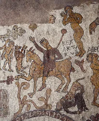 Przedstawienie króla Artura i Percevala. Mozaika autorstwa Pantaleone, kapłana i mozaicysty. 1163-1166. Nawa główna katedry w Otranto (Otranto), Włochy