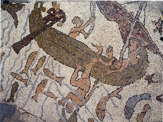 Prorok Jonasz płynie do morza Szczegółowo. Mozaika Pantaleone, kapłana i mozaiki. 1163-1166. Nawa główna katedry w Otranto (Otranto), Włochy