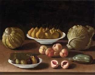 „Martwa natura z gruszkami, brzoskwiniami, figami, melonową kapustą i dynią”” (Martwa natura z gruszkami, brzoskwiniami, figami, melonem, kapustą i szpikiem) Obraz Paolo Antonio Barbieri (1603-1649) Olej na płótnie, 76, 5x94 - Kolekcja prywatna