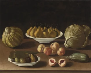 Martwa natura z gruszkami, brzoskwiniami, figami, melonem, kapustą i szpikiem