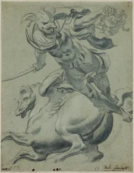 Perseusz trzymający głowę Meduzy z Pegazem w tle
