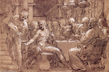 Wieczerza świętego Grzegorza, rysunek Paola Farinatiego (1524-1606), szarobrązowa akwarela, pióro, biel ołowiowa i czarny ołówek, Włochy