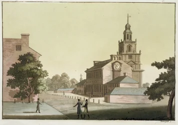 Independence Hall, Filadelfia, Pensylwania, z „Le Costume Ancien et Moderne”, tom I, płyta 41, Jules Ferrario, wydana ok. 1820-30 (kolorowa grawerunek)