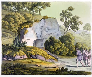 Świątynia słońca, Peru, z "Le Costume Ancien et Moderne", tom II, tablica 20, autorstwa Jules Ferrario, opublikowana ok. 1820-30 lat (rycina kolorowa)