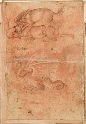 Ein Einhorn tötet eine Hirschkuh und einen Drachen