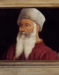 Cassone z 5 portretami mistrza florenckiego renesansu detalu z portretem Paolo di Dono (1397-1475) zwanym Paolo Uccello. Poniższy napis prawdopodobnie jest kolejny. Musee du Louvre, Paryż – panel Cassone z pięcioma portretami