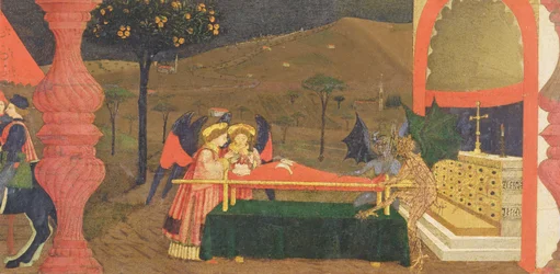 Predella profanacji hostii: ciało żydowskiego lombardzisty strzeżone przez anioły i diabły, ok. 1468 (detal)