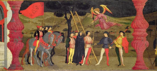Predella profanacji hostii: Skruszona chrześcijanka zostaje powieszona za oddanie konsekrowanej hostii w zastaw, około 1468 (detal)