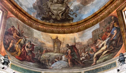 Freski Paolo de Matteis z 1714 r. na sklepieniu i na bębnie, przedstawiające życie świętego, kaplica San Cataldo w katedrze, Taranto, Włochy (zdjęcie)