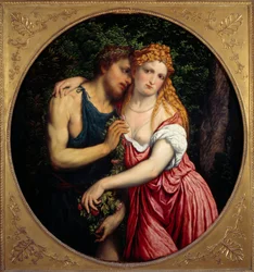 Daphnis i Chloe. Mitologiczne przedstawienie pary. Obraz Paris Bordon lub Bordone (1500-1571)