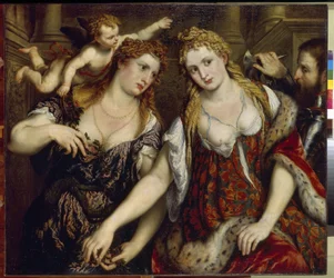 Flora, Wenus, Mars i Kupidyn (Flora, Wenus, Mars i Kupidyn). Obraz Paris Bordone (1500-1571), olej na płótnie, ok. 1550. Sztuka włoska (Wenecja)