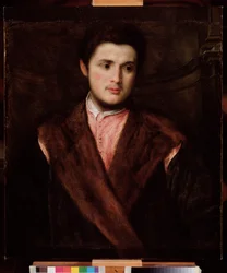 Portret młodego mężczyzny w futrze Obraz Paris Bordon (1500-1571) XVI wiek Dim 75x64 cm Genes Musei di Strada Nuova (ex Palazzo Rosso)