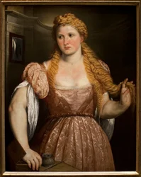Portret młodej kobiety. Obraz Paris Bordone (lub Bordon) (1495-1571), olej na płótnie, ok. 1550. Sztuka włoska (Wenecja)