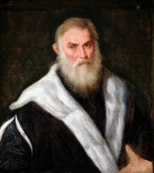 Portret starca w futrze Obraz Paris Bordon (1500-1571) XVI w. Dim 70x62 cm Genes Musei di Strada Nuova (ex Palazzo Rosso)