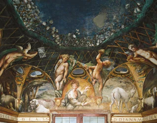 Ceres uczestnicząca w wydarzeniach w otoczeniu psów myśliwskich i cherubinów, z mitu o Dianie i Actaeon