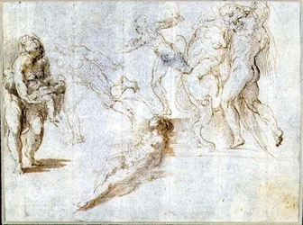 Badania figury: Kobieta trzymająca dziecko; Człowiek ścigany przez innego; Naga kobieta leżąc na ziemi; Hercules and the Nemean Lion (brązowy tusz i pranie na papierze)